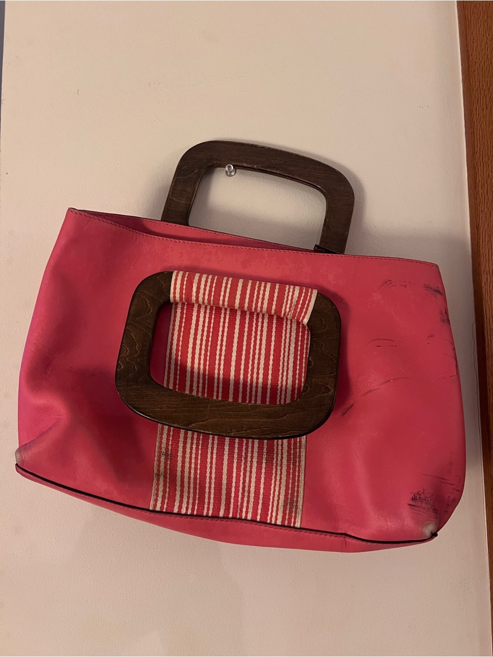 kate spade Pink Shoulder Bag with Wooden Handles and Striped Panel